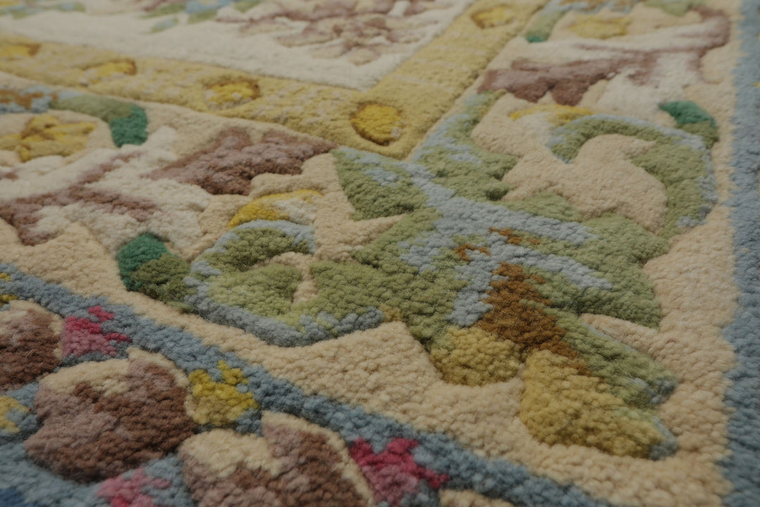 9x12 Blue, Ivory, Gold Color Hand Knotted French Aubusson Savonnerie New Zealand Wool Traditional Oriental Rug