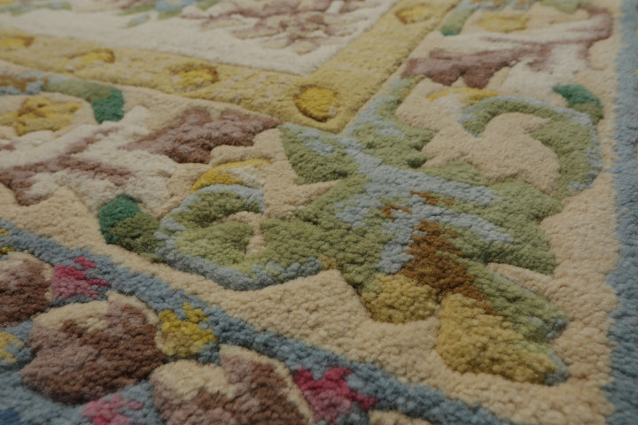 9x12 Blue, Ivory, Gold Color Hand Knotted French Aubusson Savonnerie New Zealand Wool Traditional Oriental Rug