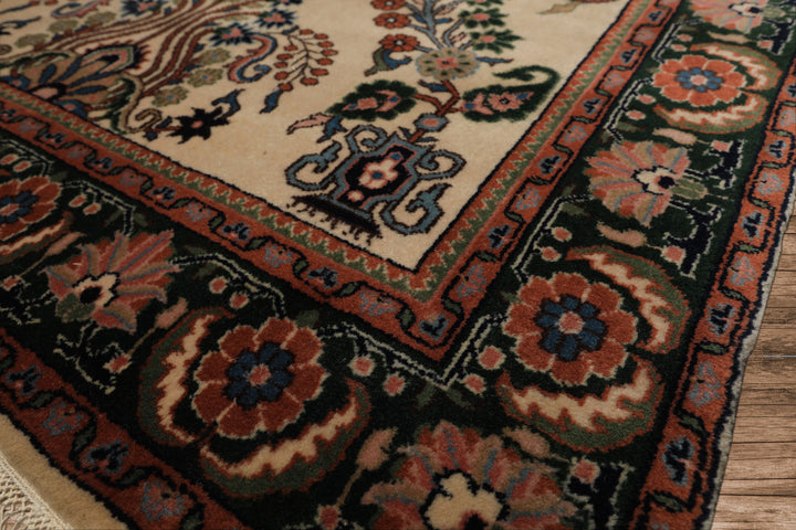 4x6 Ivory, Green, Rose Color Hand Knotted Indo Sarouk New Zealand Wool Traditional Oriental Rug