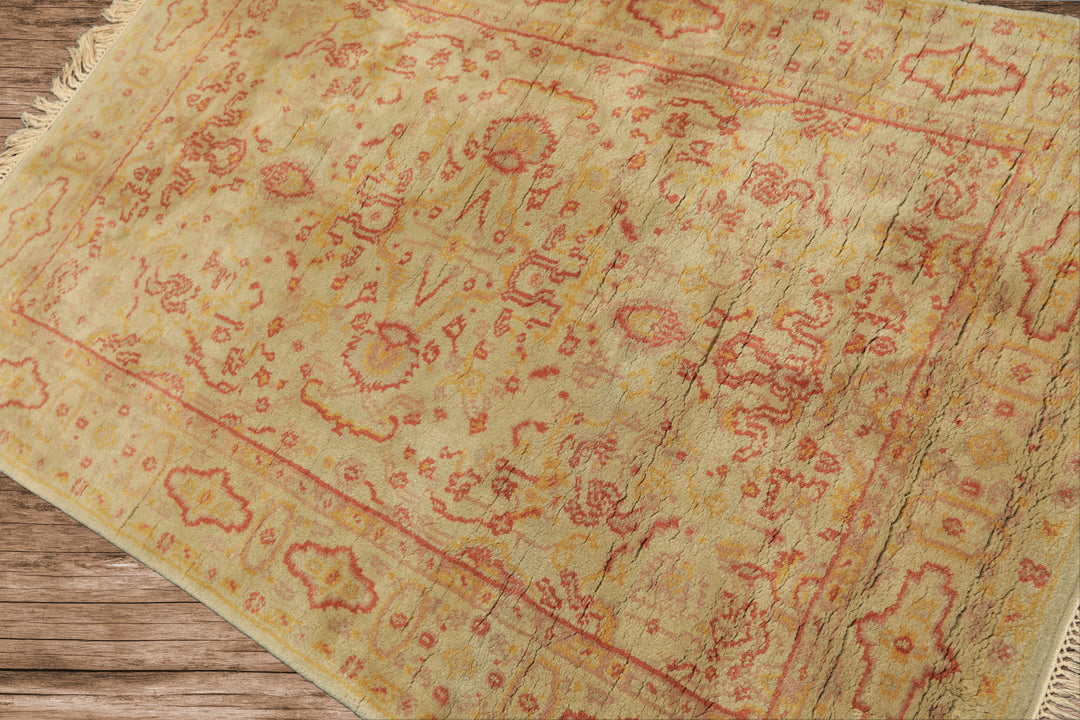 4x6 Mint, Gold, Rose Color Hand Knotted Indo Oushak Wool Traditional Oriental Rug