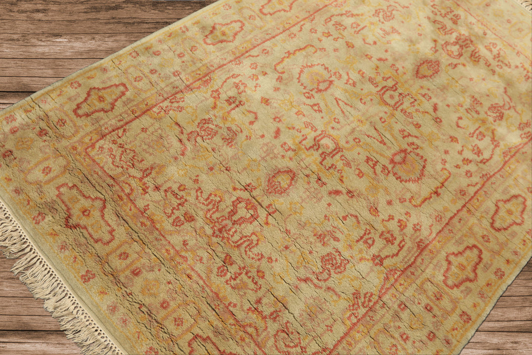 4x6 Mint, Gold, Rose Color Hand Knotted Indo Oushak Wool Traditional Oriental Rug