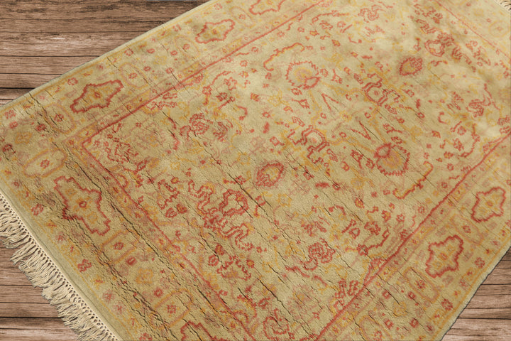 4x6 Mint, Gold, Rose Color Hand Knotted Indo Oushak Wool Traditional Oriental Rug