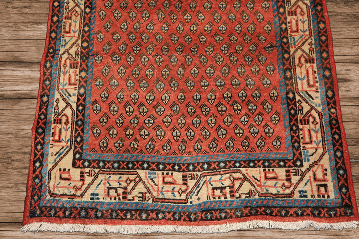 Runner Rust, Ivory, Blue Color Hand Knotted Vintage Gul Wool Traditional Oriental Rug