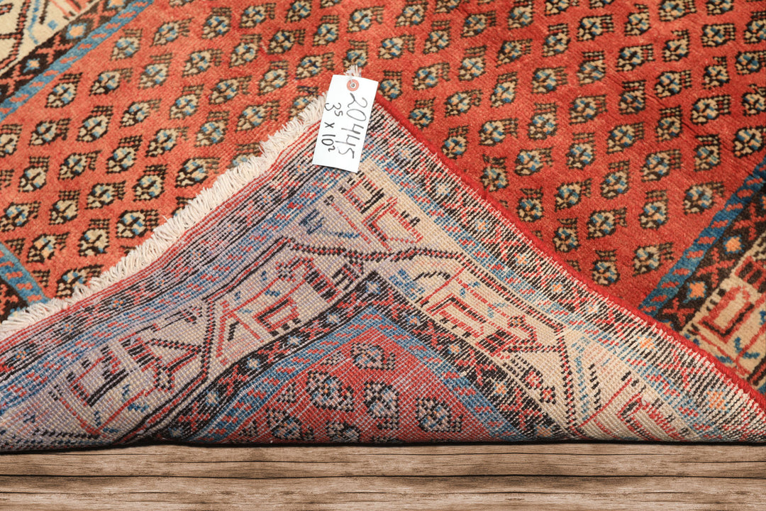 Runner Rust, Ivory, Blue Color Hand Knotted Vintage Gul Wool Traditional Oriental Rug