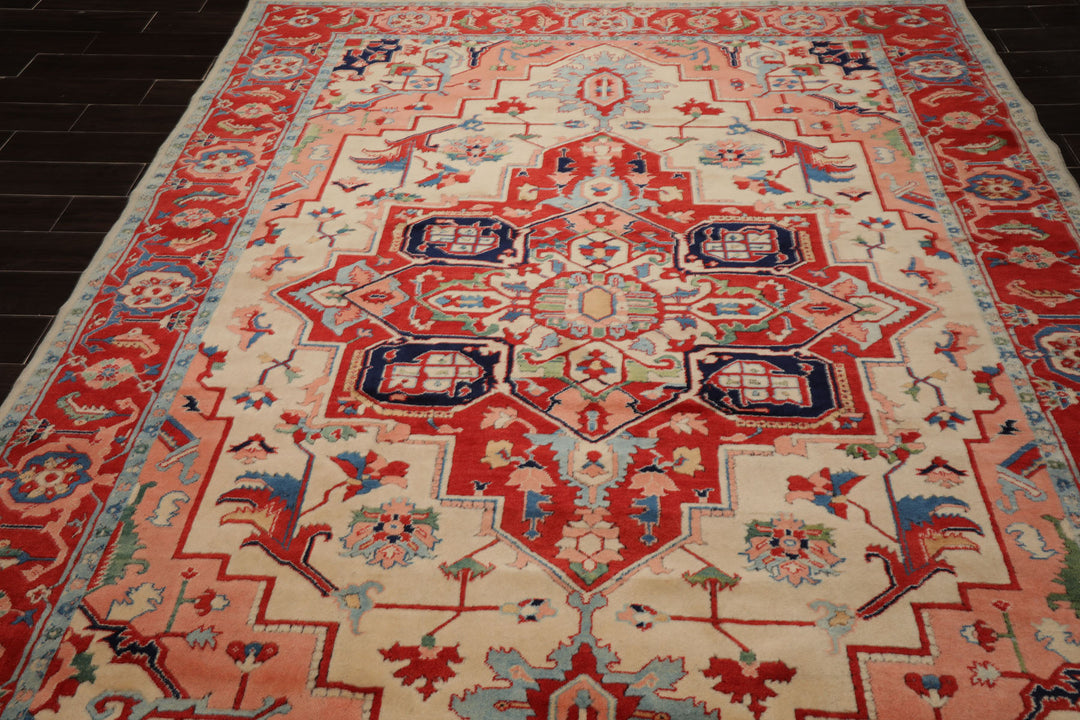 8x10 Ivory, Burnt Orange, Navy Color Hand Knotted Serapi New Zealand Wool Traditional Oriental Rug
