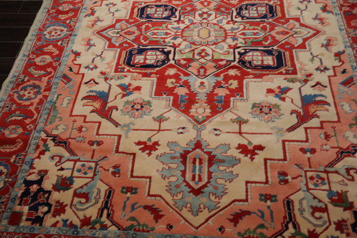 8x10 Ivory, Burnt Orange, Navy Color Hand Knotted Serapi New Zealand Wool Traditional Oriental Rug