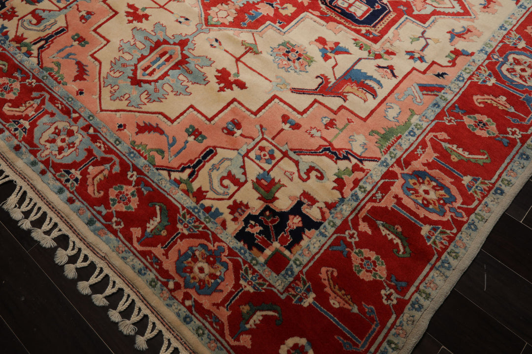 8x10 Ivory, Burnt Orange, Navy Color Hand Knotted Serapi New Zealand Wool Traditional Oriental Rug