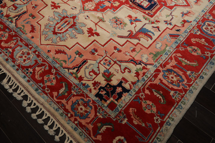 8x10 Ivory, Burnt Orange, Navy Color Hand Knotted Serapi New Zealand Wool Traditional Oriental Rug