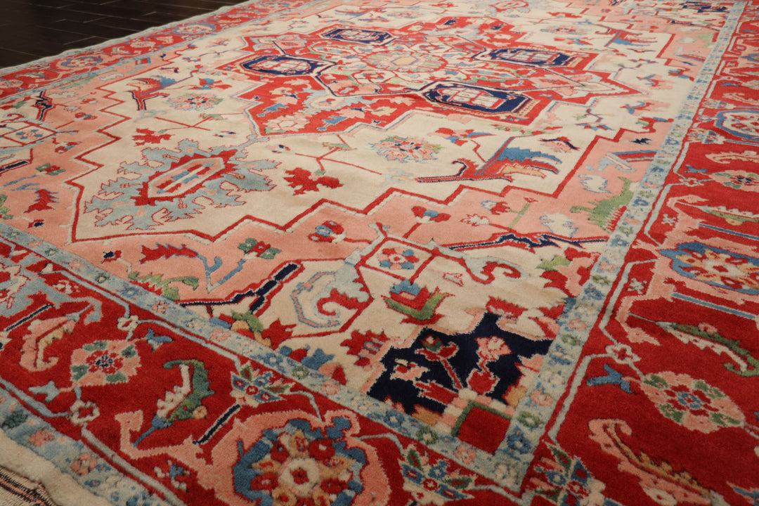 8x10 Ivory, Burnt Orange, Navy Color Hand Knotted Serapi New Zealand Wool Traditional Oriental Rug