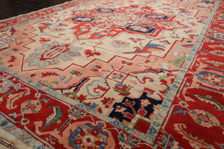 8x10 Ivory, Burnt Orange, Navy Color Hand Knotted Serapi New Zealand Wool Traditional Oriental Rug