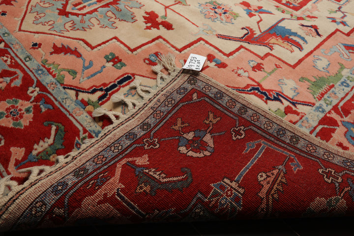 8x10 Ivory, Burnt Orange, Navy Color Hand Knotted Serapi New Zealand Wool Traditional Oriental Rug