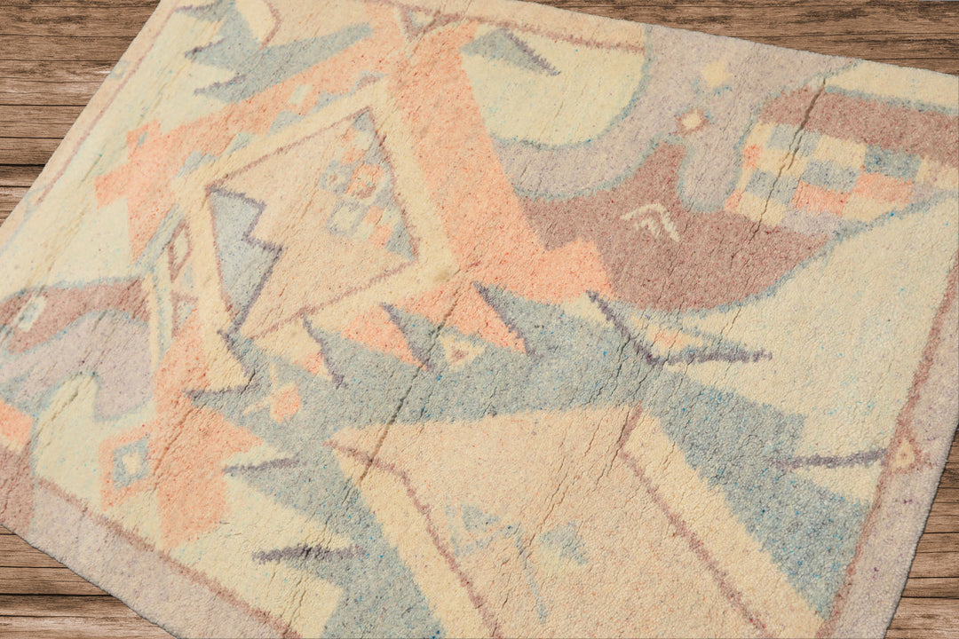 4x6 Ivory, Aqua, Lavender Color Hand Knotted Indo Tibetan Wool Art Deco Oriental Rug