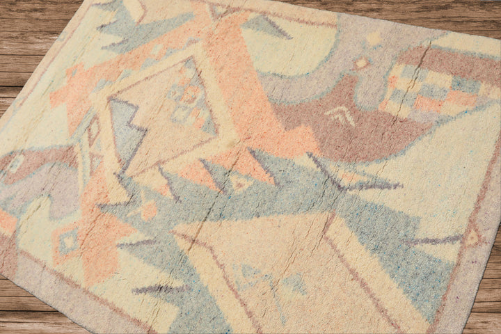 4x6 Ivory, Aqua, Lavender Color Hand Knotted Indo Tibetan Wool Art Deco Oriental Rug