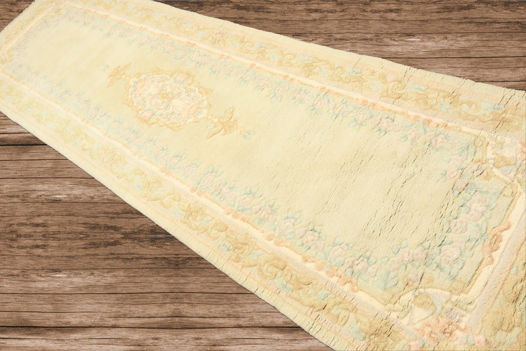 Runner Faded Mint, Aqua, Blush Color Hand Knotted French Aubusson savonnerie Wool Traditional Oriental Rug