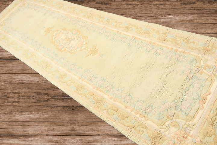 Runner Faded Mint, Aqua, Blush Color Hand Knotted French Aubusson savonnerie Wool Traditional Oriental Rug