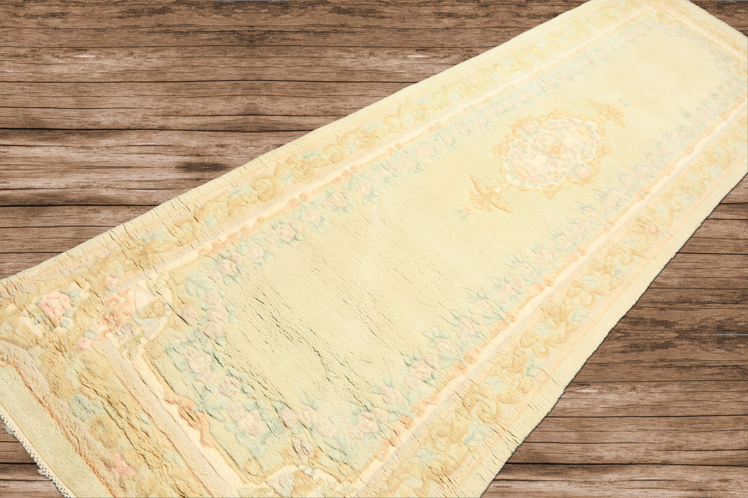 Runner Faded Mint, Aqua, Blush Color Hand Knotted French Aubusson savonnerie Wool Traditional Oriental Rug