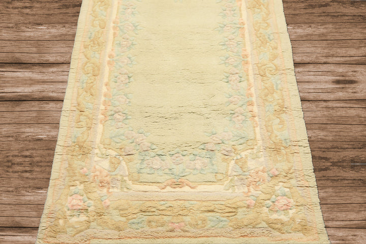 Runner Faded Mint, Aqua, Blush Color Hand Knotted French Aubusson savonnerie Wool Traditional Oriental Rug