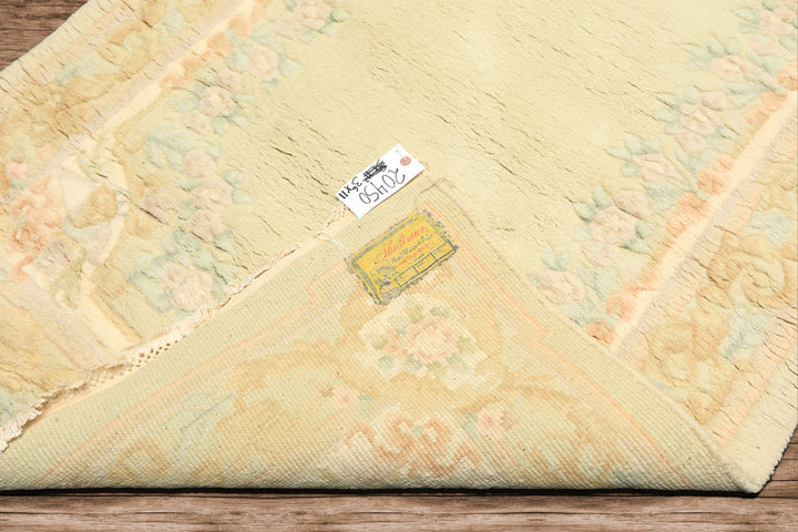 Runner Faded Mint, Aqua, Blush Color Hand Knotted French Aubusson savonnerie Wool Traditional Oriental Rug