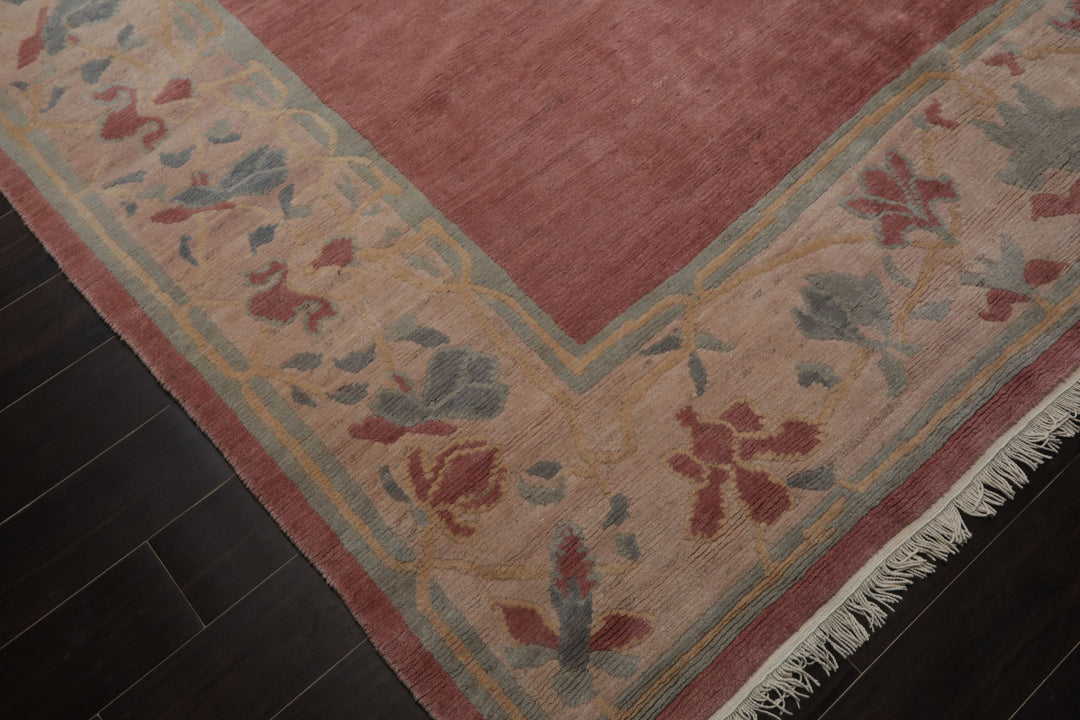 Square Rose, Taupe, Ivory Color Hand Knotted Tibetan Wool Contemporary Oriental Rug