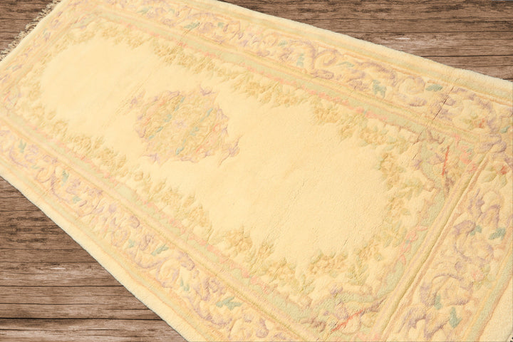 Runner Ivory, Mint, Lavender Color Hand Knotted French Aubusson savonnerie Wool Traditional Oriental Rug