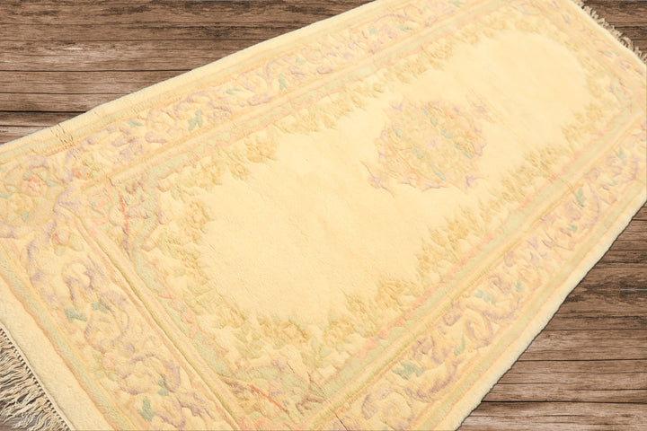 Runner Ivory, Mint, Lavender Color Hand Knotted French Aubusson savonnerie Wool Traditional Oriental Rug