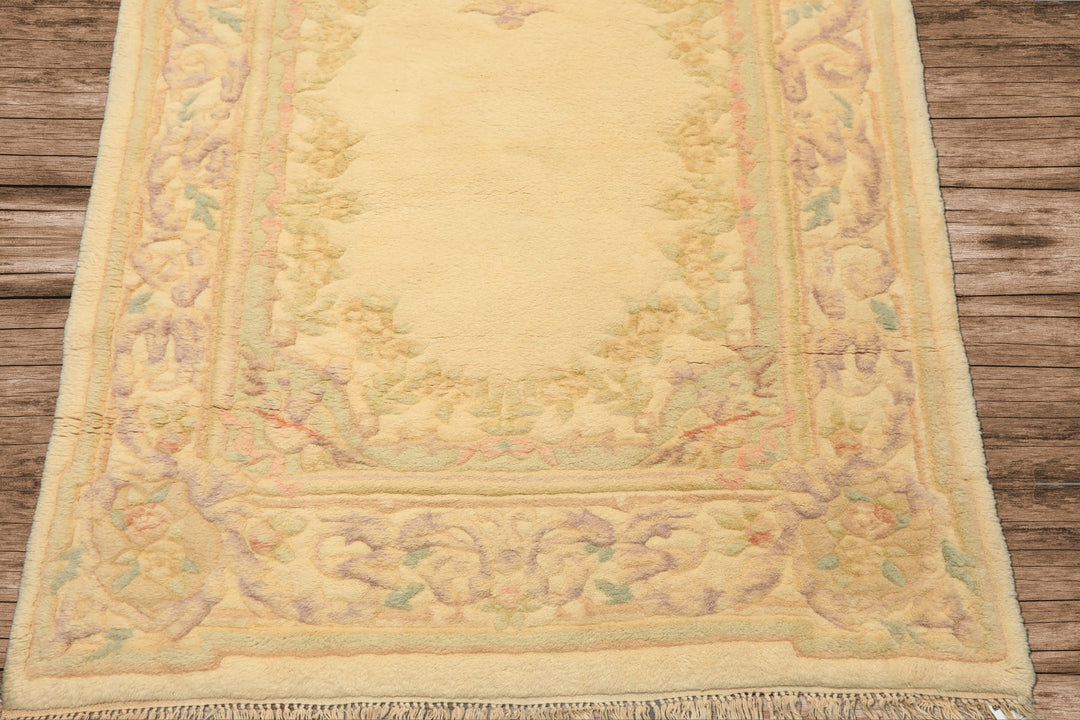 Runner Ivory, Mint, Lavender Color Hand Knotted French Aubusson savonnerie Wool Traditional Oriental Rug