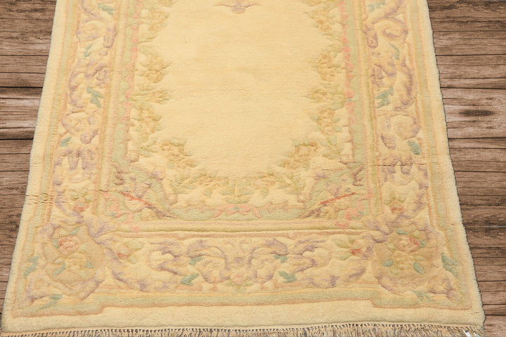 Runner Ivory, Mint, Lavender Color Hand Knotted French Aubusson savonnerie Wool Traditional Oriental Rug
