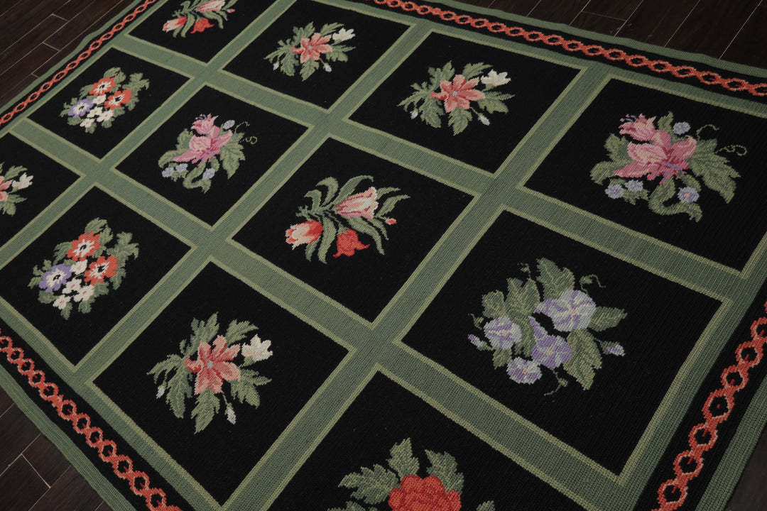 6x9 Black, Green, Rose Color Hand Woven Portugese Needlepoint Wool Traditional Oriental Rug