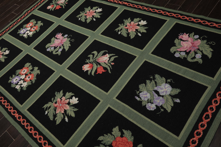 6x9 Black, Green, Rose Color Hand Woven Portugese Needlepoint Wool Traditional Oriental Rug