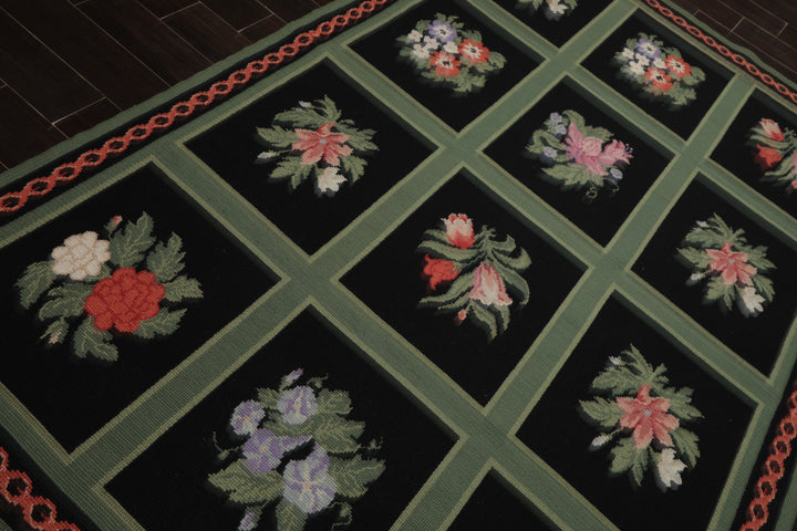 6x9 Black, Green, Rose Color Hand Woven Portugese Needlepoint Wool Traditional Oriental Rug