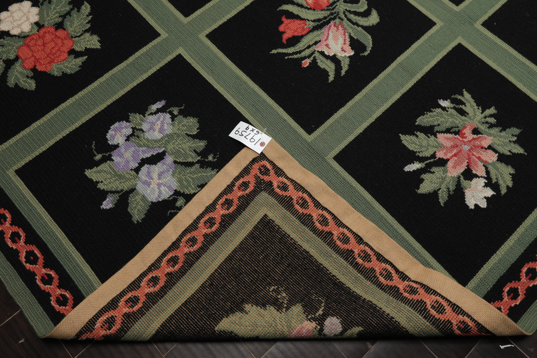6x9 Black, Green, Rose Color Hand Woven Portugese Needlepoint Wool Traditional Oriental Rug