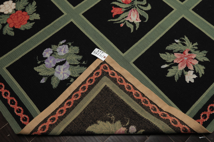 6x9 Black, Green, Rose Color Hand Woven Portugese Needlepoint Wool Traditional Oriental Rug