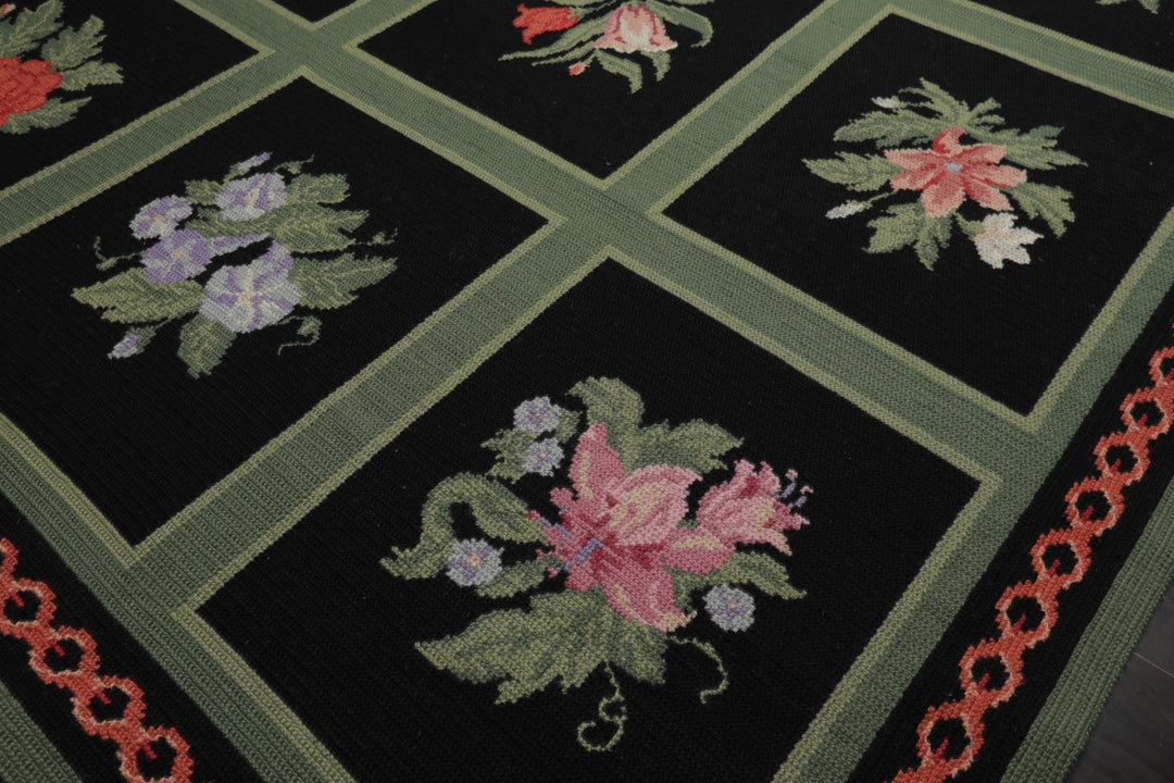 6x9 Black, Green, Rose Color Hand Woven Portugese Needlepoint Wool Traditional Oriental Rug