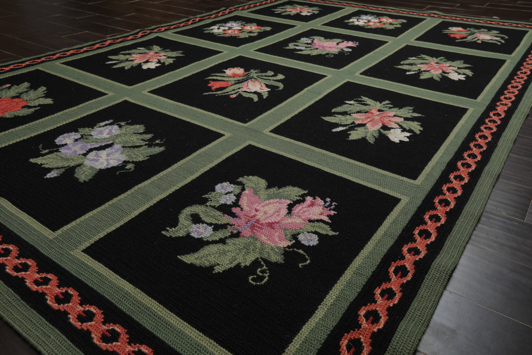 6x9 Black, Green, Rose Color Hand Woven Portugese Needlepoint Wool Traditional Oriental Rug