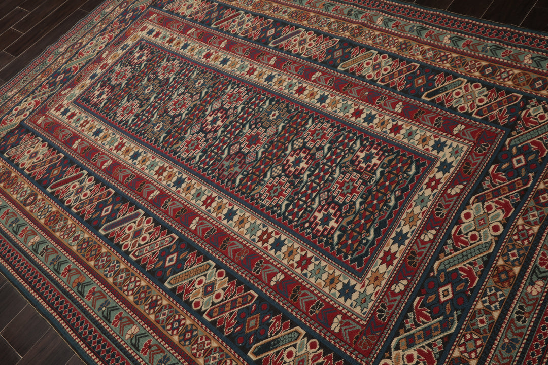 6x9 Teal, Raspberry, Ivory Color Hand Woven Kilim Wool Tribal Oriental Rug