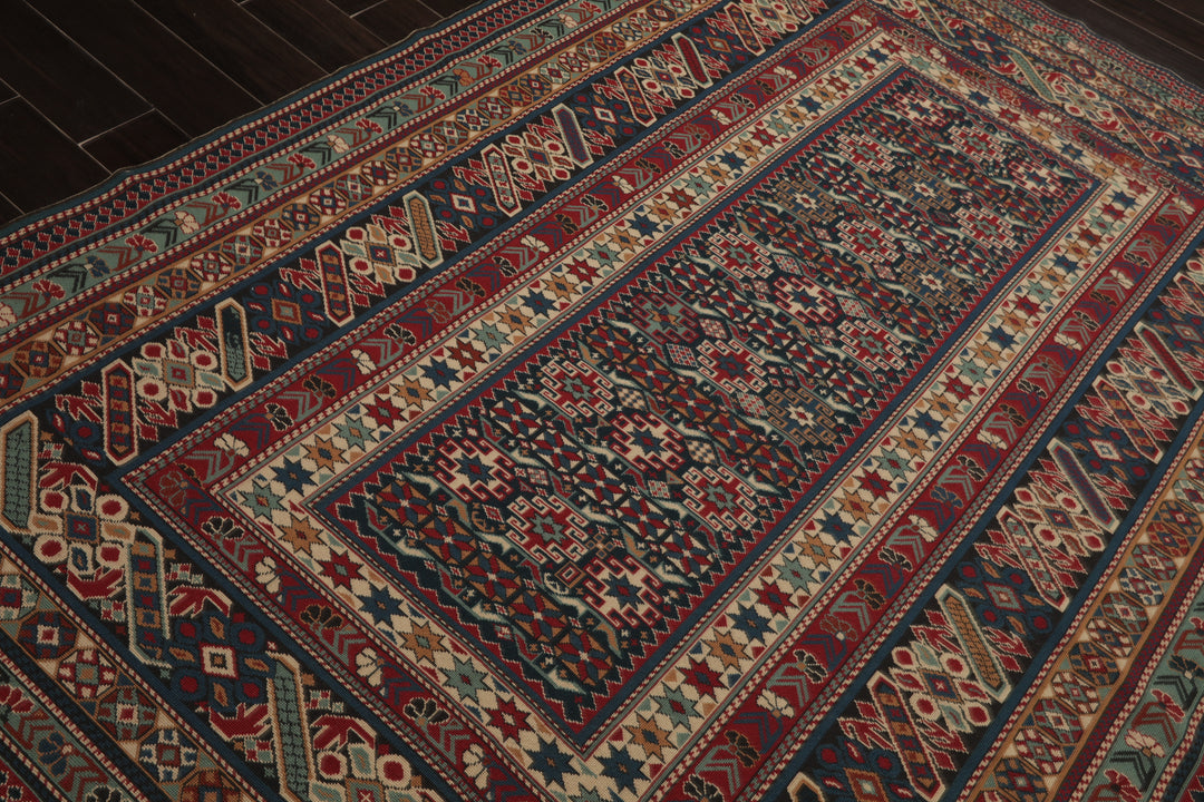 6x9 Teal, Raspberry, Ivory Color Hand Woven Kilim Wool Tribal Oriental Rug