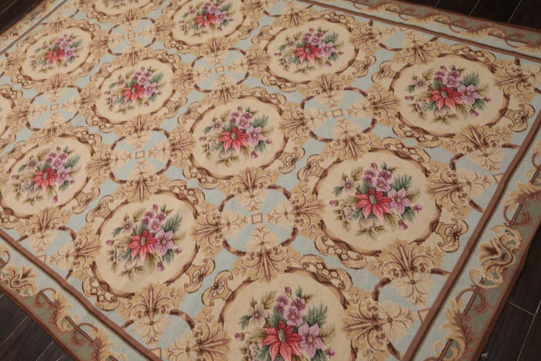 6x8 Aqua, Beige, Tan Color Hand Woven Aubusson Needlepoint Wool Traditional Oriental Rug