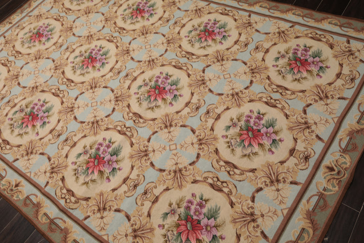 6x8 Aqua, Beige, Tan Color Hand Woven Aubusson Needlepoint Wool Traditional Oriental Rug