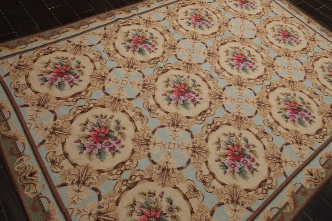 6x8 Aqua, Beige, Tan Color Hand Woven Aubusson Needlepoint Wool Traditional Oriental Rug