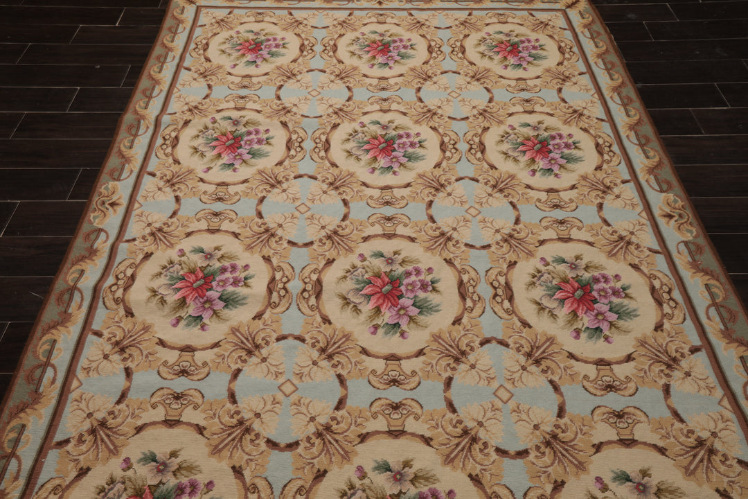 6x8 Aqua, Beige, Tan Color Hand Woven Aubusson Needlepoint Wool Traditional Oriental Rug