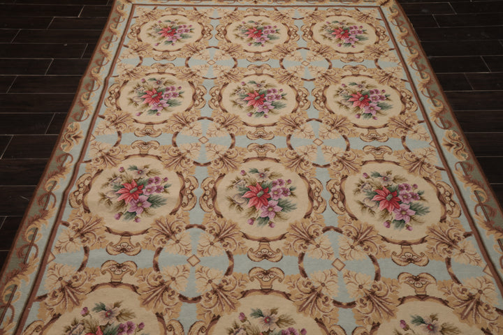6x8 Aqua, Beige, Tan Color Hand Woven Aubusson Needlepoint Wool Traditional Oriental Rug