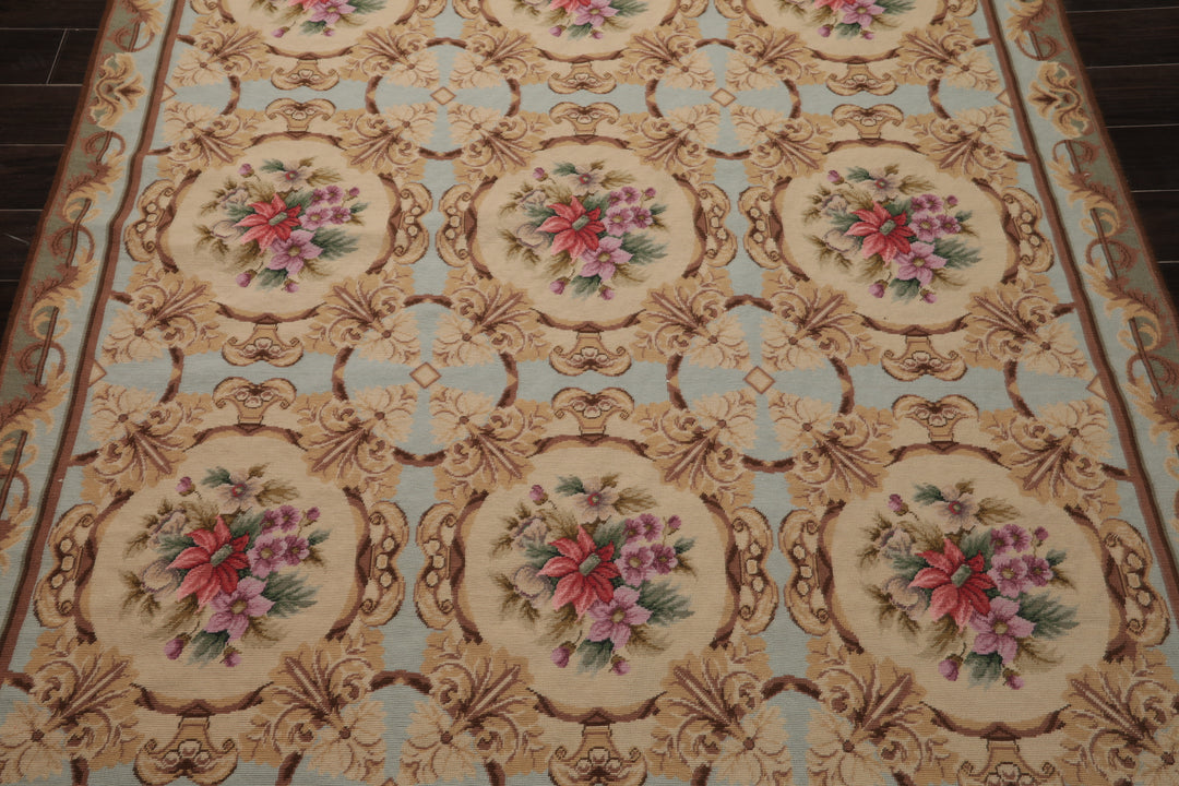 6x8 Aqua, Beige, Tan Color Hand Woven Aubusson Needlepoint Wool Traditional Oriental Rug
