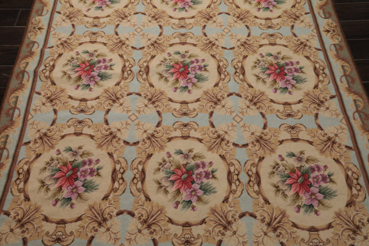 6x8 Aqua, Beige, Tan Color Hand Woven Aubusson Needlepoint Wool Traditional Oriental Rug