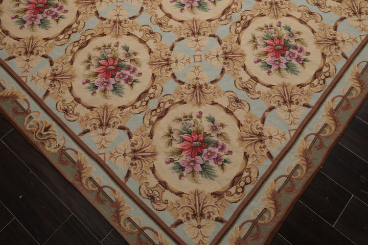 6x8 Aqua, Beige, Tan Color Hand Woven Aubusson Needlepoint Wool Traditional Oriental Rug