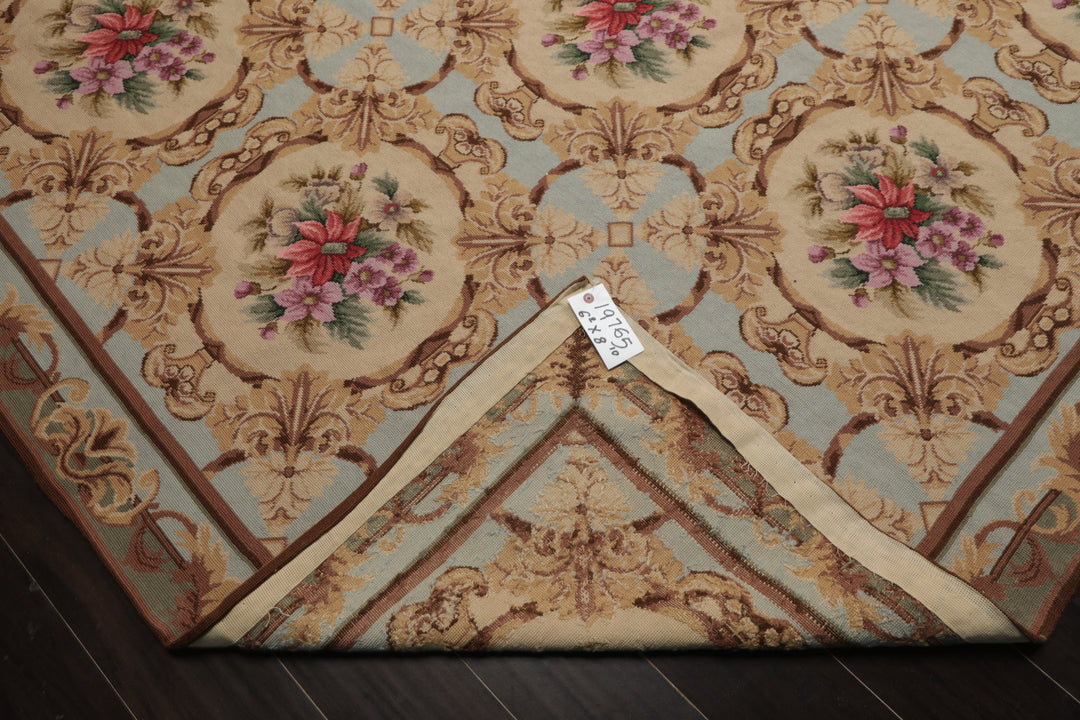 6x8 Aqua, Beige, Tan Color Hand Woven Aubusson Needlepoint Wool Traditional Oriental Rug