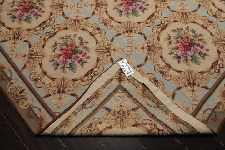 6x8 Aqua, Beige, Tan Color Hand Woven Aubusson Needlepoint Wool Traditional Oriental Rug