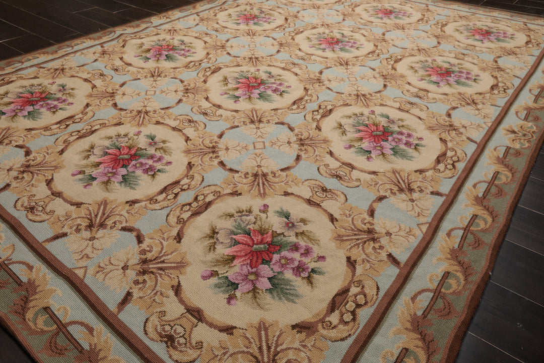 6x8 Aqua, Beige, Tan Color Hand Woven Aubusson Needlepoint Wool Traditional Oriental Rug