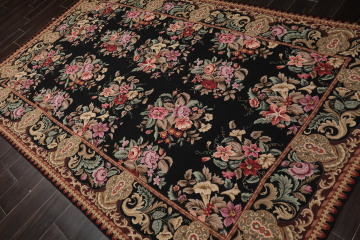 6x9 Black, Brown, Beige Color Hand Woven Aubusson Needlepoint Wool Traditional Oriental Rug