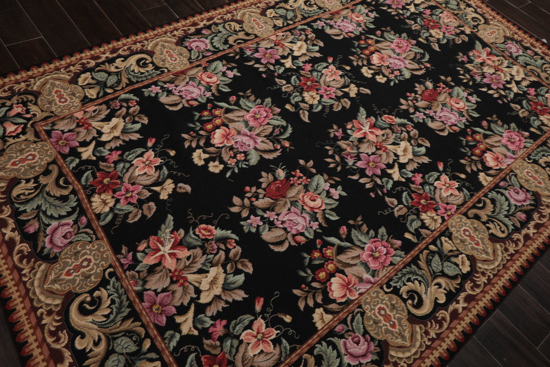 6x9 Black, Brown, Beige Color Hand Woven Aubusson Needlepoint Wool Traditional Oriental Rug