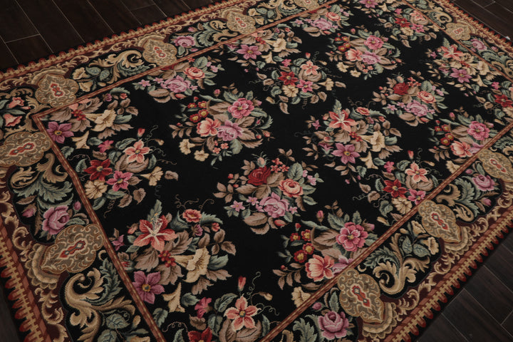 6x9 Black, Brown, Beige Color Hand Woven Aubusson Needlepoint Wool Traditional Oriental Rug